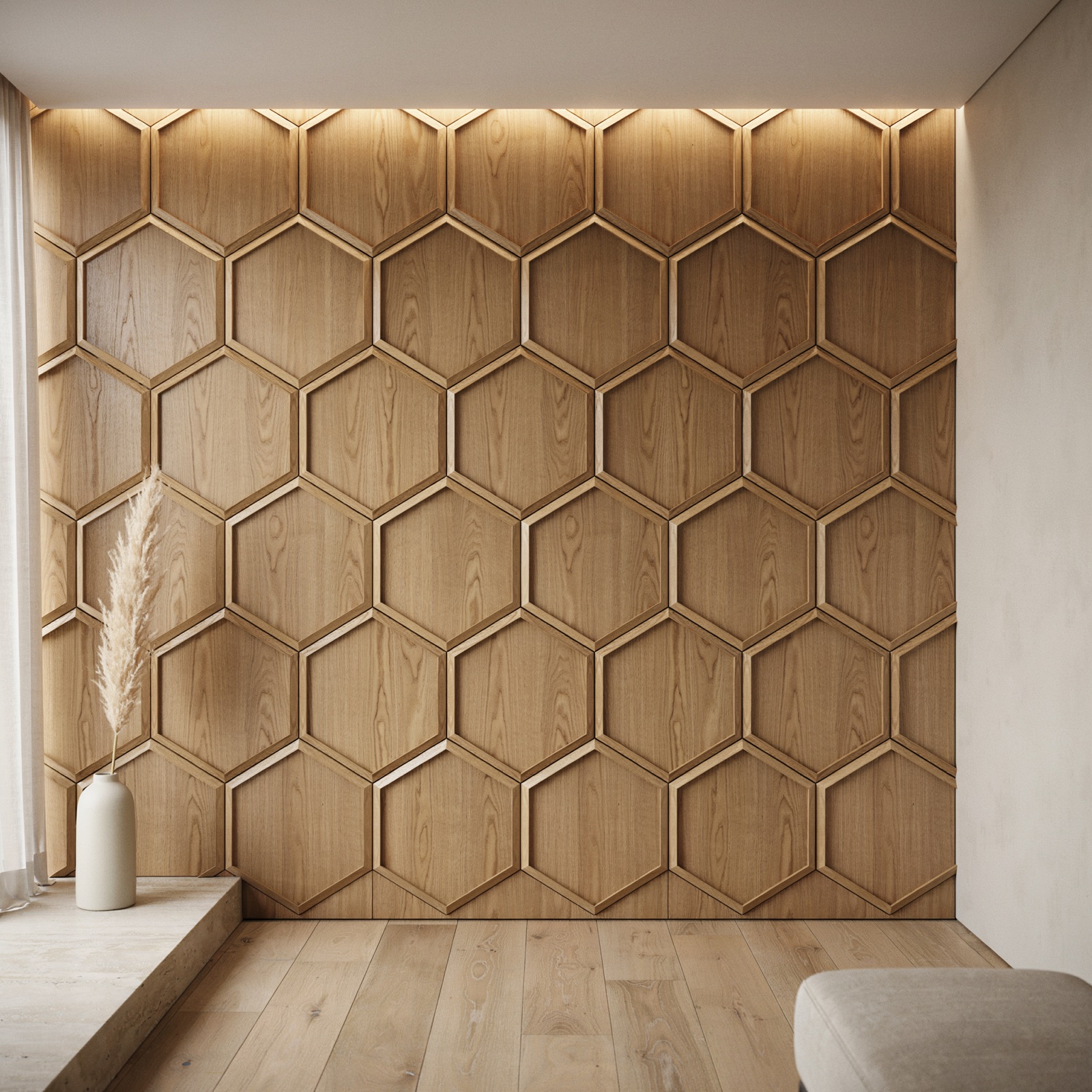 Geometrijski drveni zidni panel sa toplim svjetlom